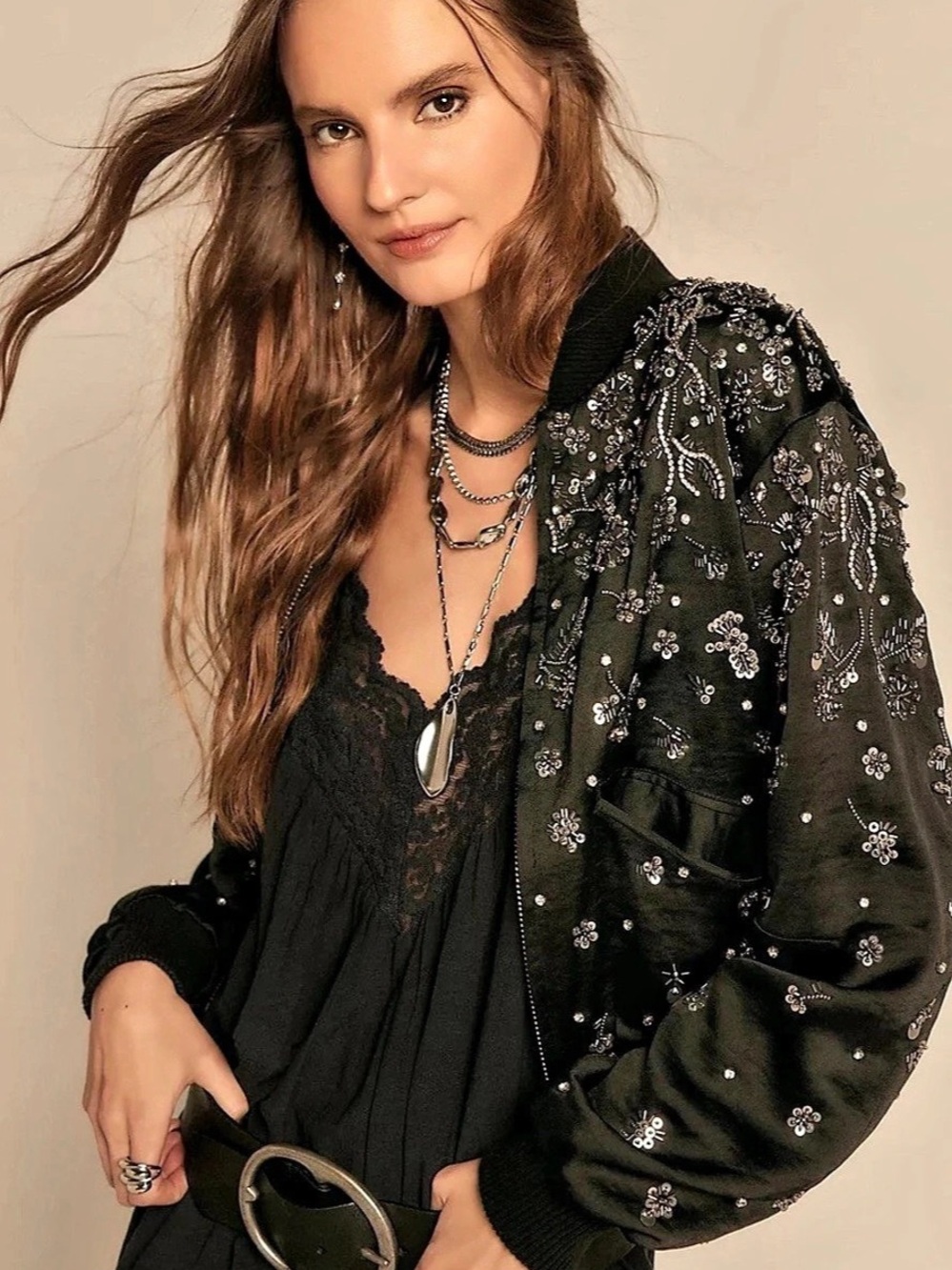 Free People Stassi Embellished Bomber Floral Jacket Black